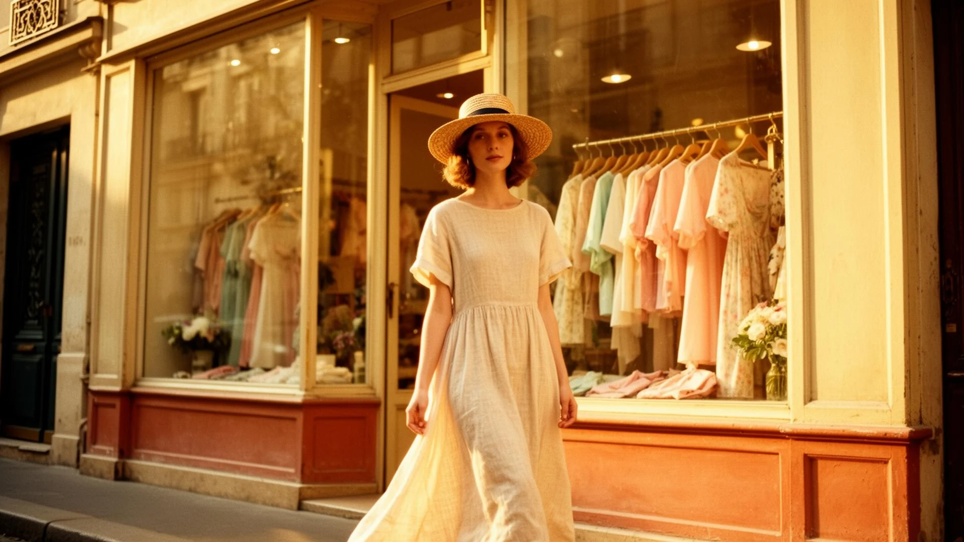 Vintage fashion editorial — summer linen dresses, straw hats and open-weave knits