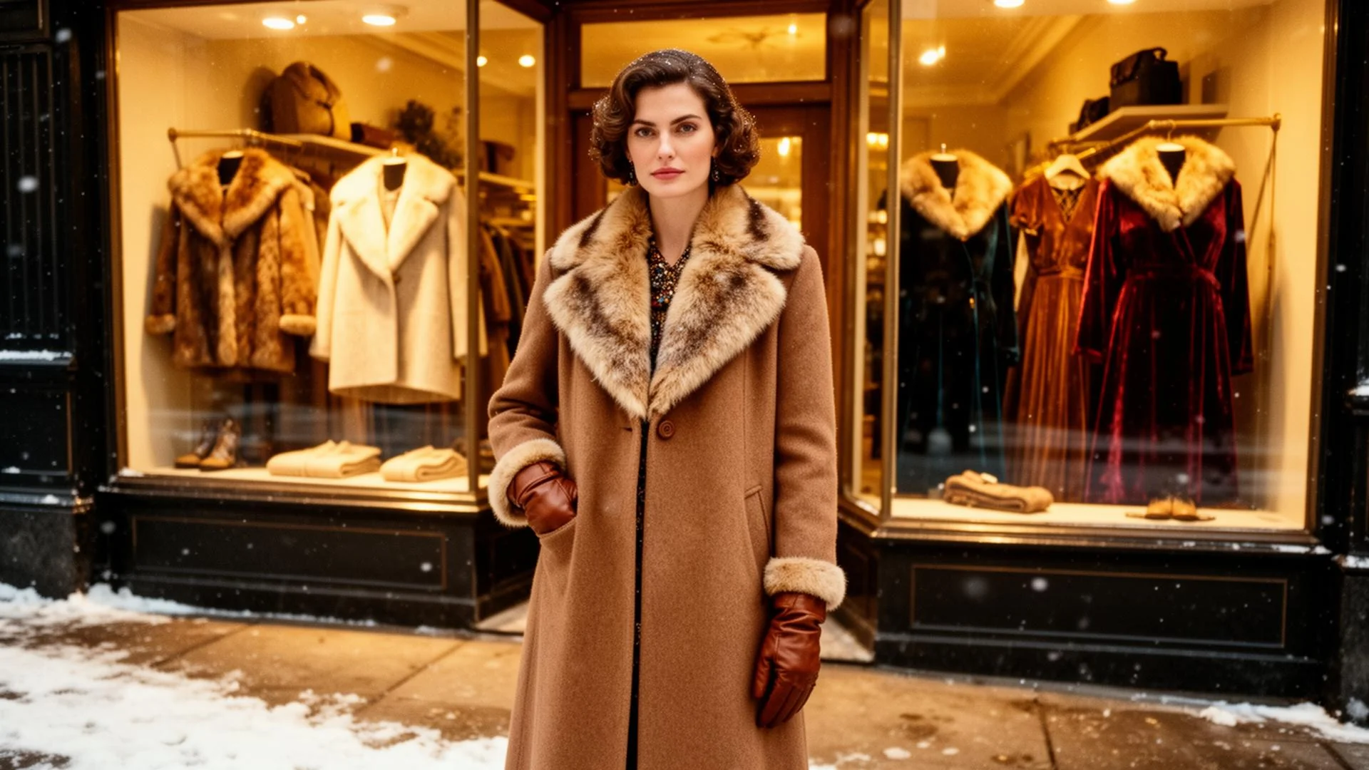 Vintage fashion editorial — winter cashmere, shearling-lined coats and velvet