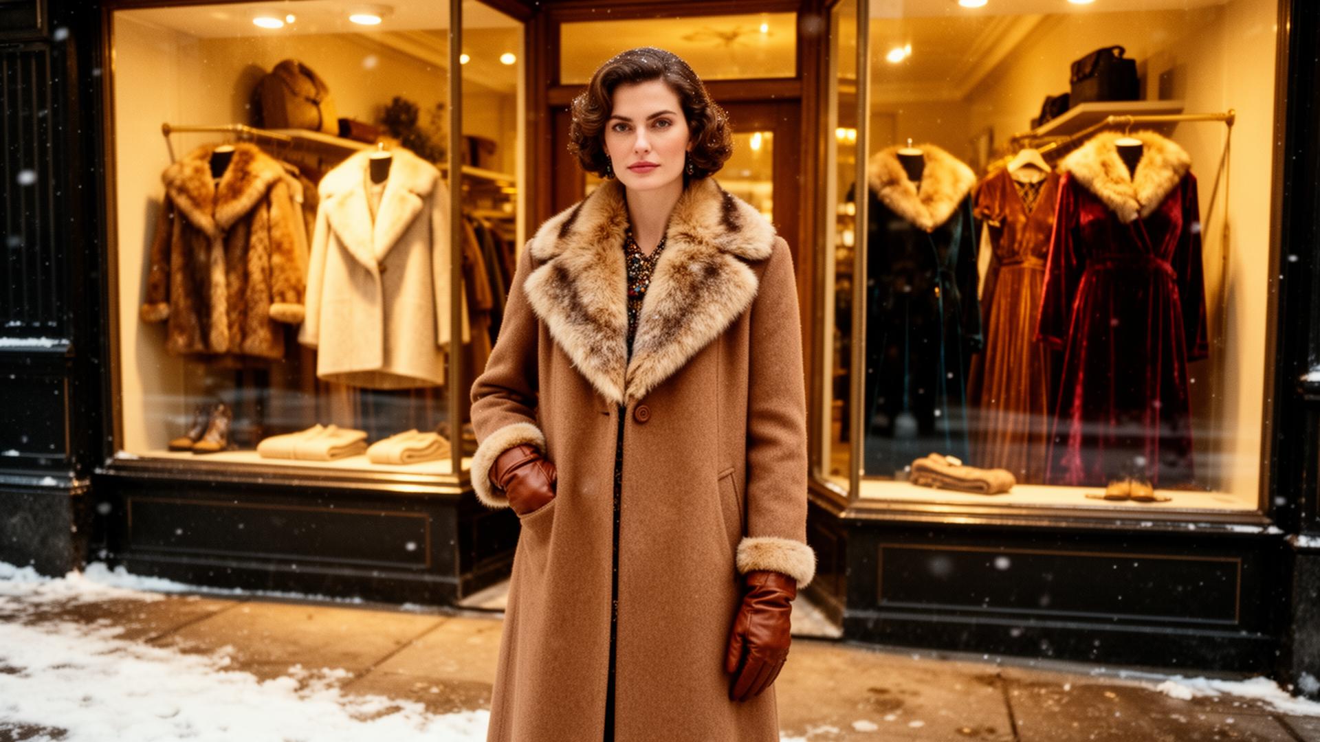 Vintage fashion editorial — winter shearling and snow